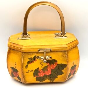 Vintage Wooden Decoupage Handbag Octagon Box Purse Lucite Handle